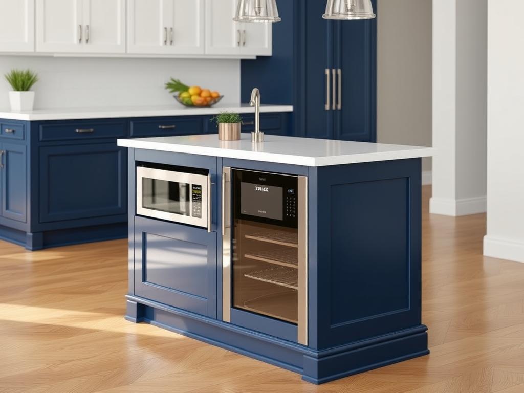 A small kitchen island with integrated microwave drawer and wine cooler A small kitchen island with integrated microwave drawer and wine cooler