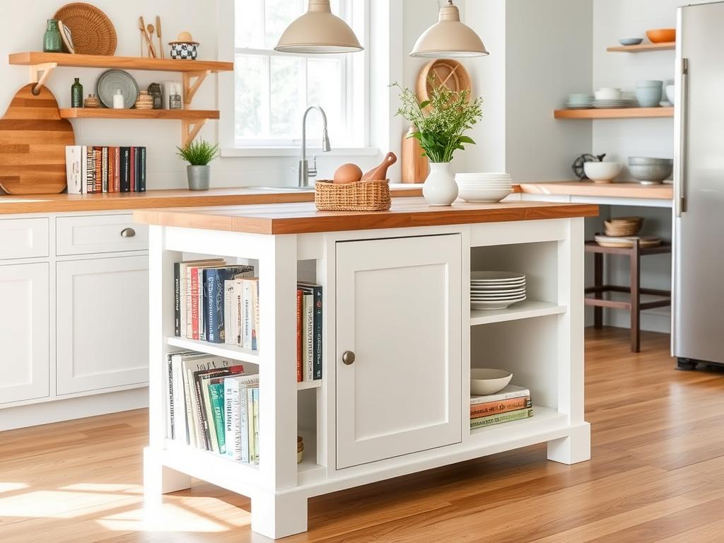 A small kitchen island with open shelving displaying cookbooks and decorative items A small kitchen island with open shelving displaying cookbooks and decorative items