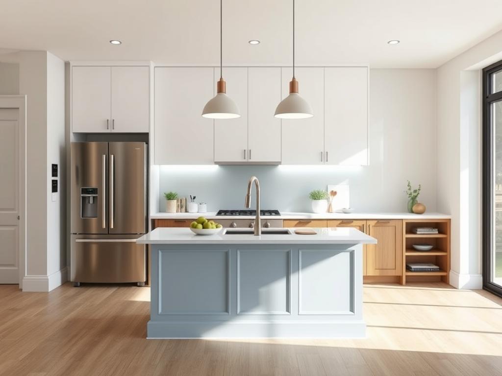 A small kitchen island with strategic lighting and color choices A small kitchen island with strategic lighting and color choices