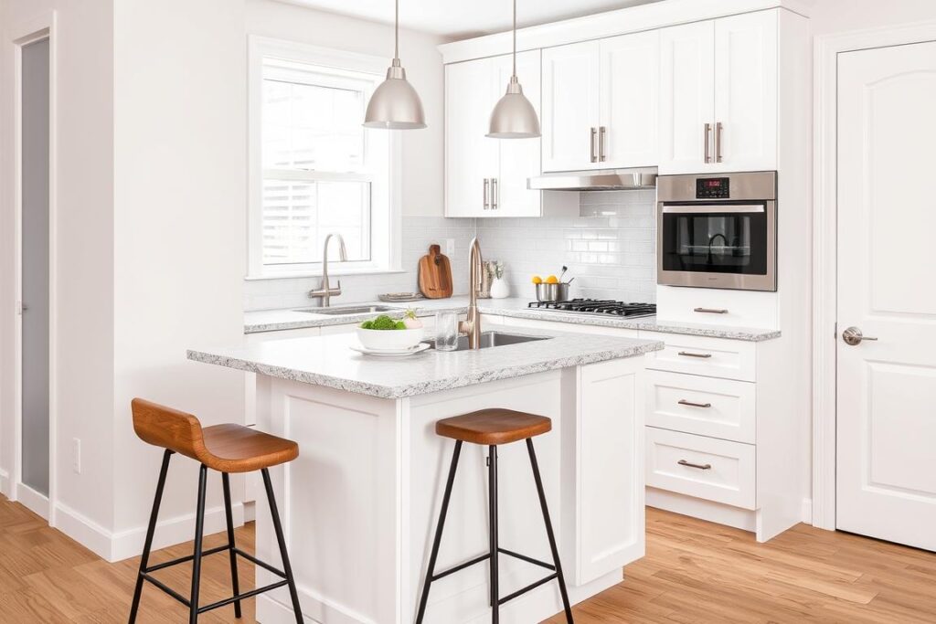 A small multi-level kitchen island with raised breakfast bar and lower prep area A small multi-level kitchen island with raised breakfast bar and lower prep area