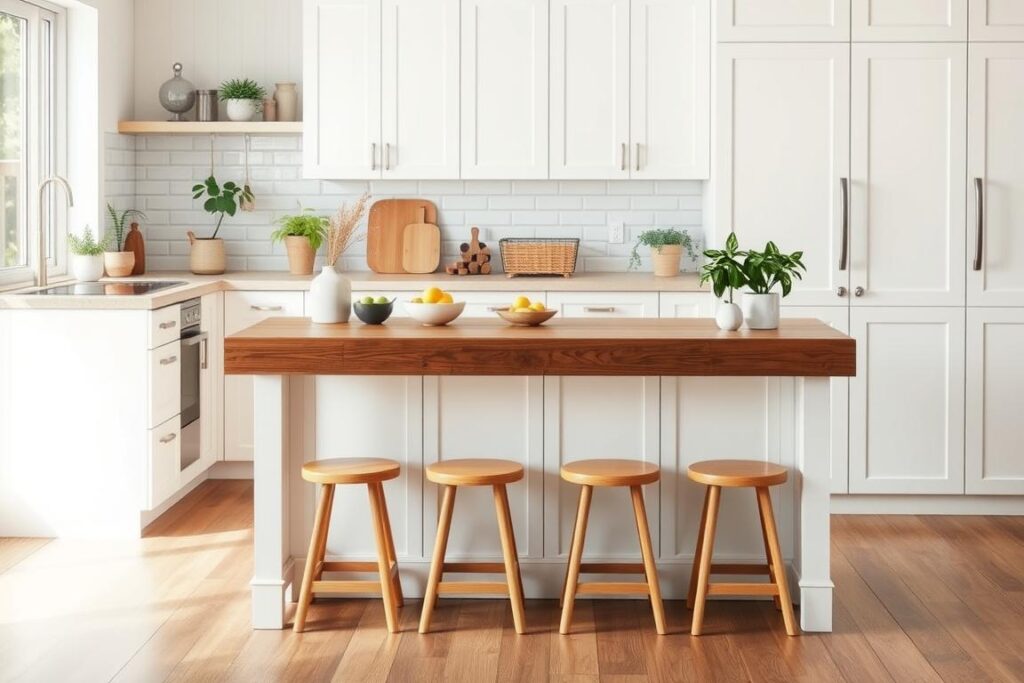A small multipurpose kitchen island that serves as both prep space and dining table A small multipurpose kitchen island that serves as both prep space and dining table