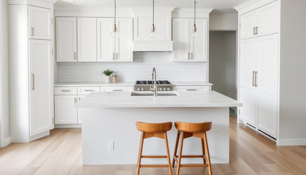 A small waterfall edge kitchen island with marble countertop in a modern kitchen A small waterfall edge kitchen island with marble countertop in a modern kitchen