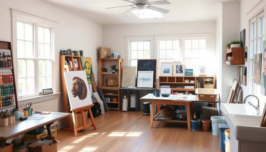 Art studio hobby room design with easel, supply storage, and natural lighting