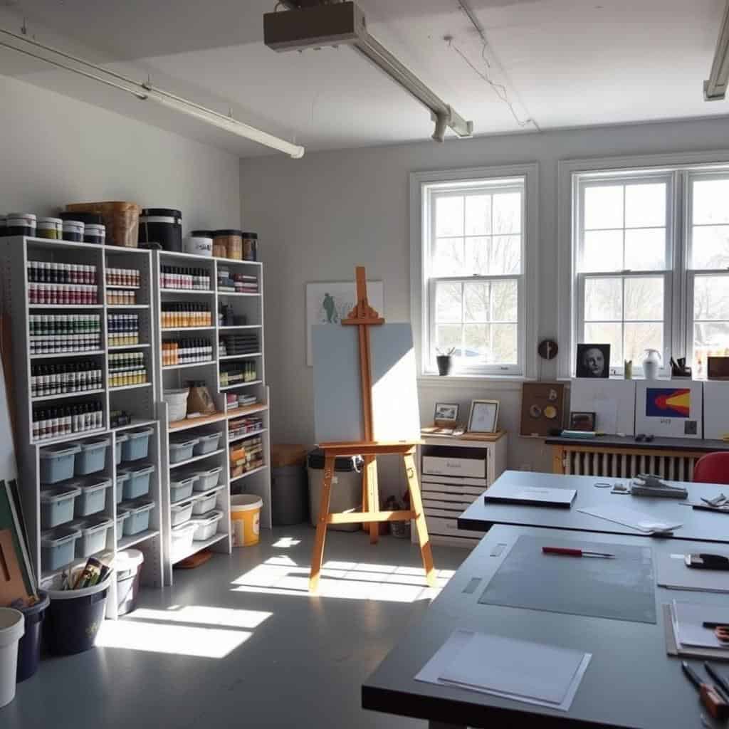 Art studio hobby room design with natural lighting and supply organization