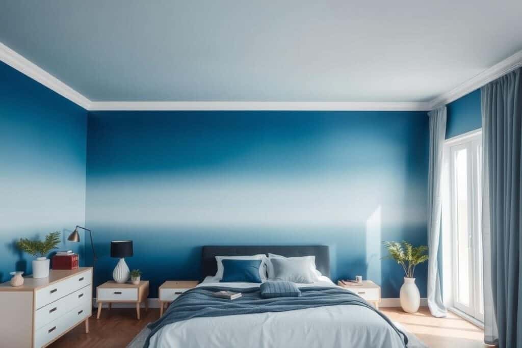 Bedroom wall with ombre paint effect transitioning from light to dark blue Bedroom wall with ombre paint effect transitioning from light to dark blue