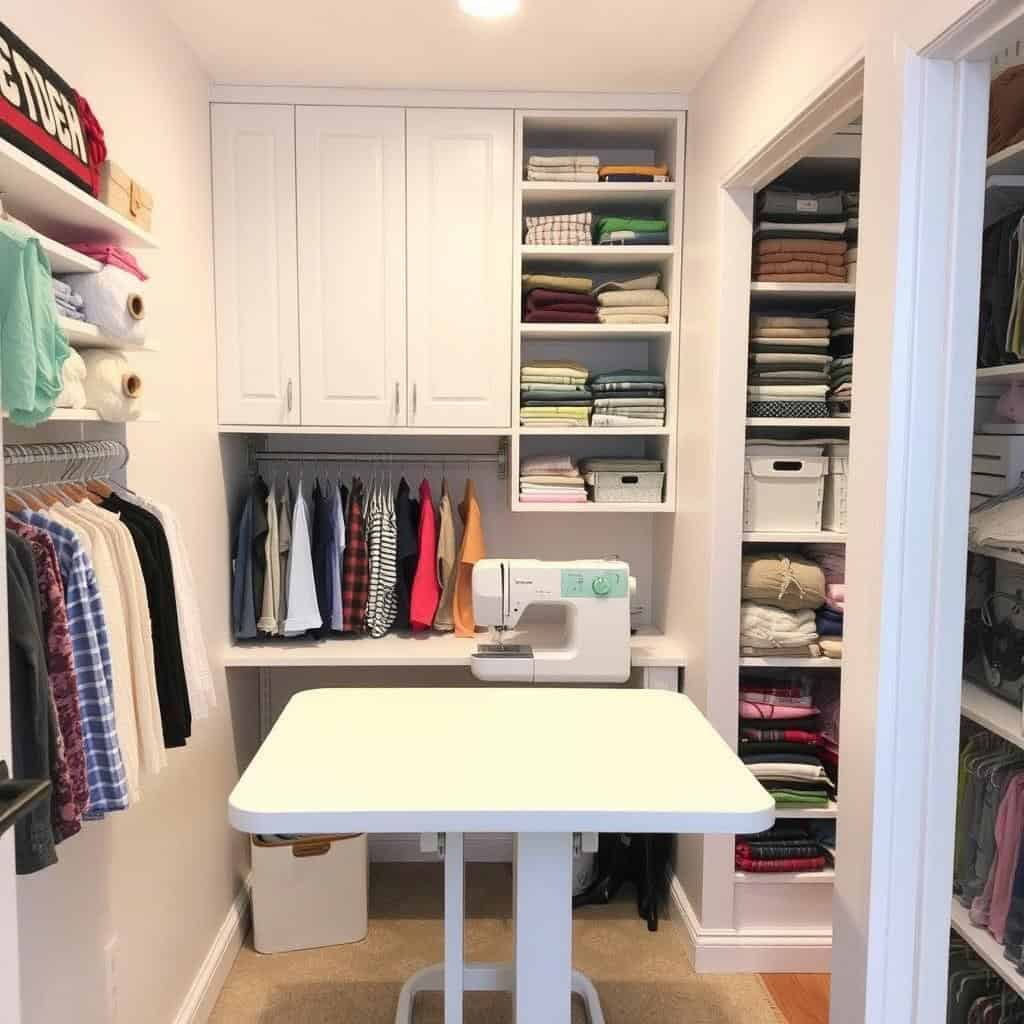Compact sewing room with efficient storage in hobby room design