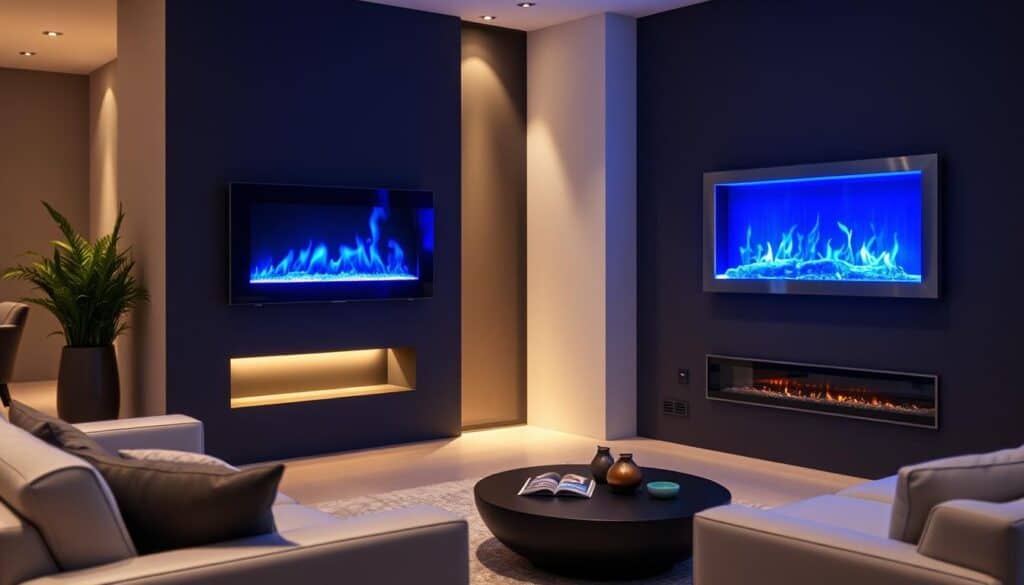 Contemporary living room with sleek wall-mounted electric fireplace with blue flames against a dark accent wall Contemporary living room with sleek wall-mounted electric fireplace with blue flames against a dark accent wall