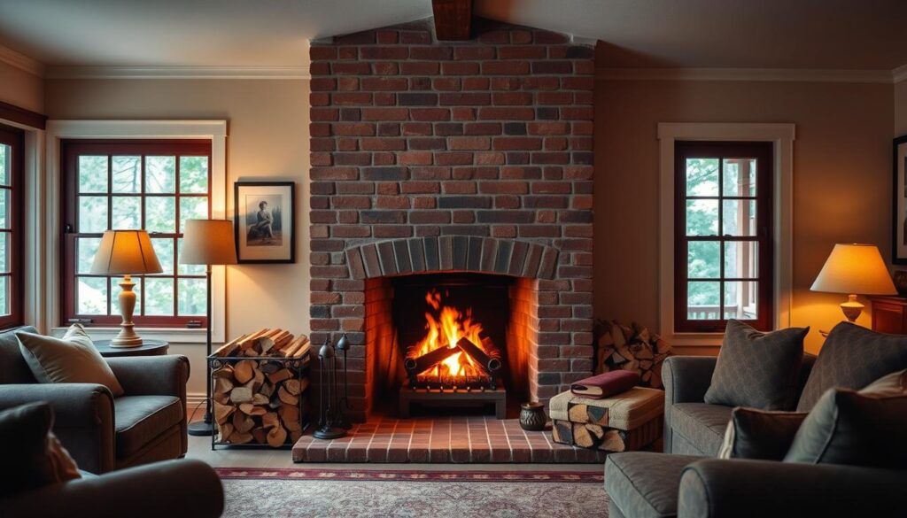 Cozy living room with traditional brick fireplace, stacked firewood, and comfortable seating Cozy living room with traditional brick fireplace, stacked firewood, and comfortable seating