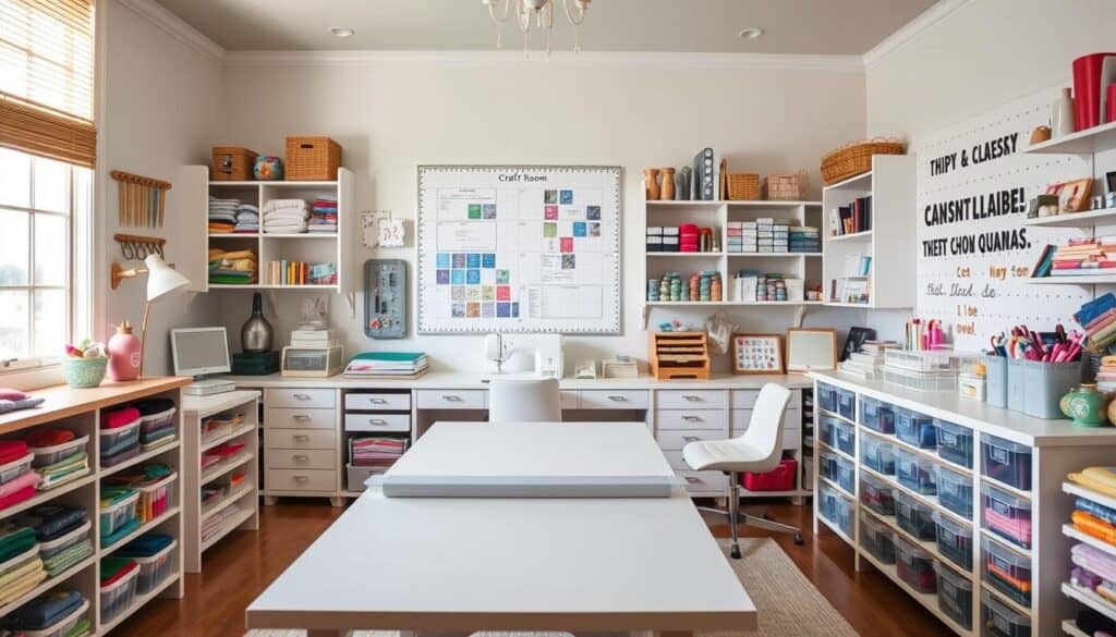 Craft room design with large cutting table, sewing station, and organized supply storage