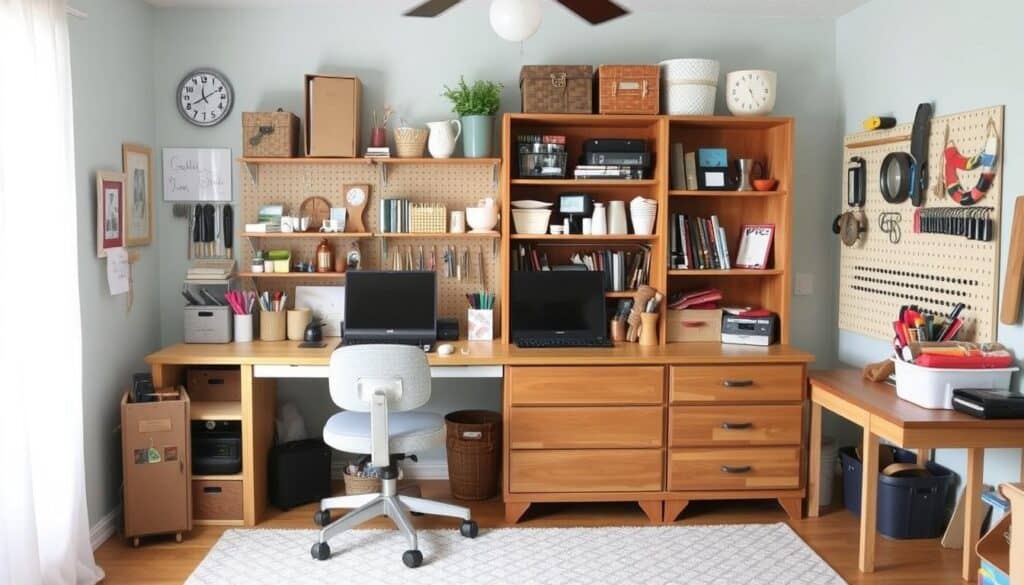 DIY storage solutions and repurposed furniture in a budget-friendly hobby room design