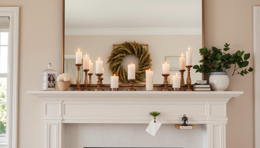 Elegantly styled fireplace mantel with mirror, candles, and decorative objects in a living room Elegantly styled fireplace mantel with mirror, candles, and decorative objects in a living room