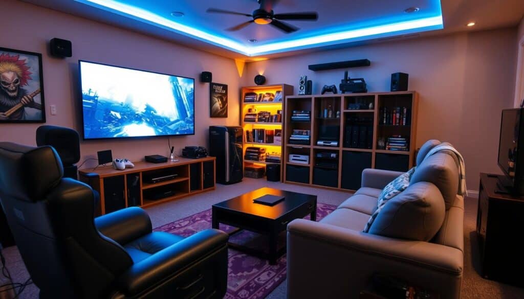 Gaming hobby room design with comfortable seating, screen setup, and game storage