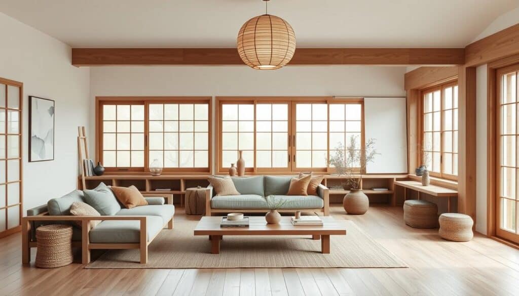 Japandi style living room with minimalist furniture and natural elements Japandi style living room with minimalist furniture and natural elements