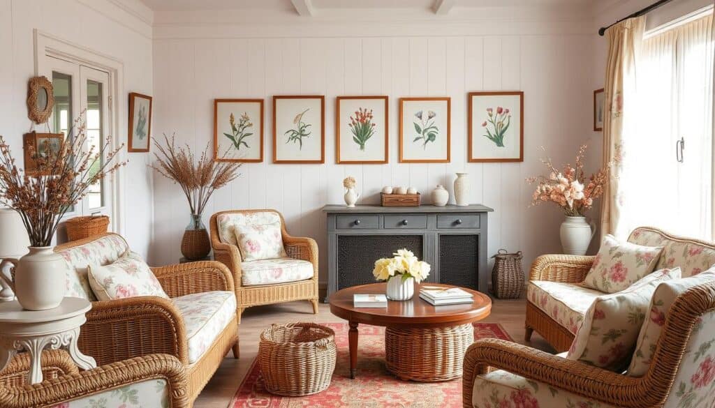 Living room featuring cottagecore decor with floral patterns and vintage furniture