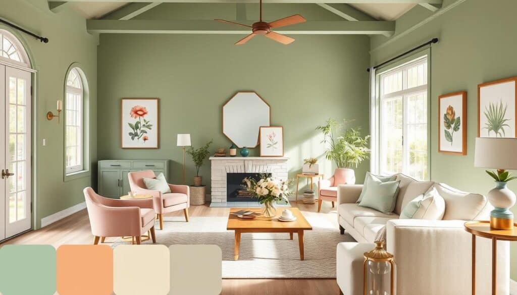 Living room featuring spring 2024 color palette with sage green and blush accents Living room featuring spring 2024 color palette with sage green and blush accents