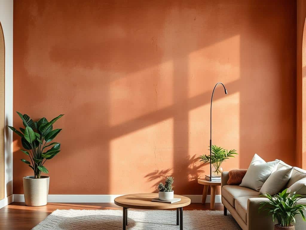 Living room wall with textured lime wash paint finish in warm terracotta Living room wall with textured lime wash paint finish in warm terracotta