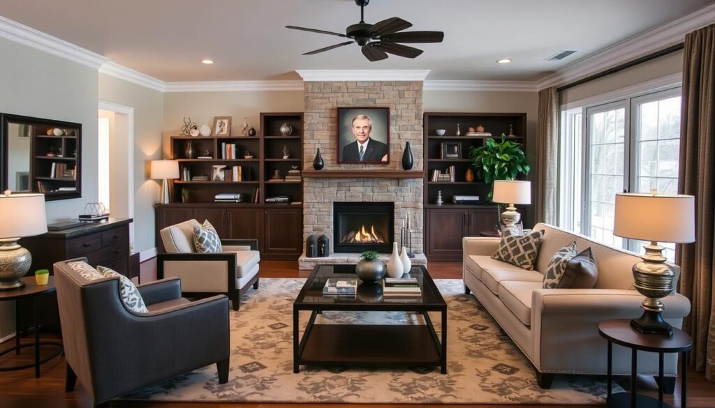 Living room with furniture thoughtfully arranged around a central fireplace Living room with furniture thoughtfully arranged around a central fireplace