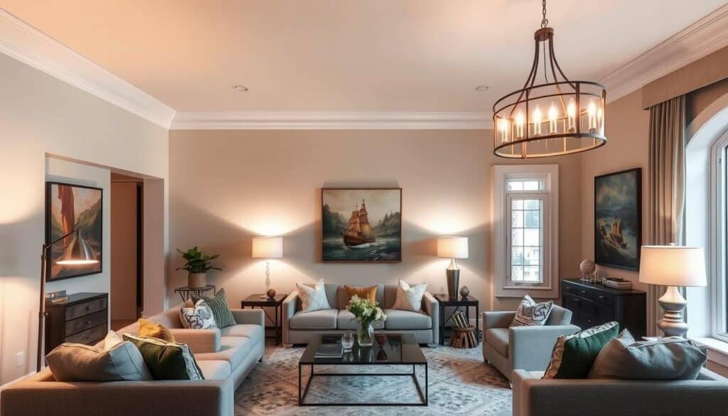 Living room with layered lighting including floor lamps, table lamps, and ambient lighting Living room with layered lighting including floor lamps, table lamps, and ambient lighting