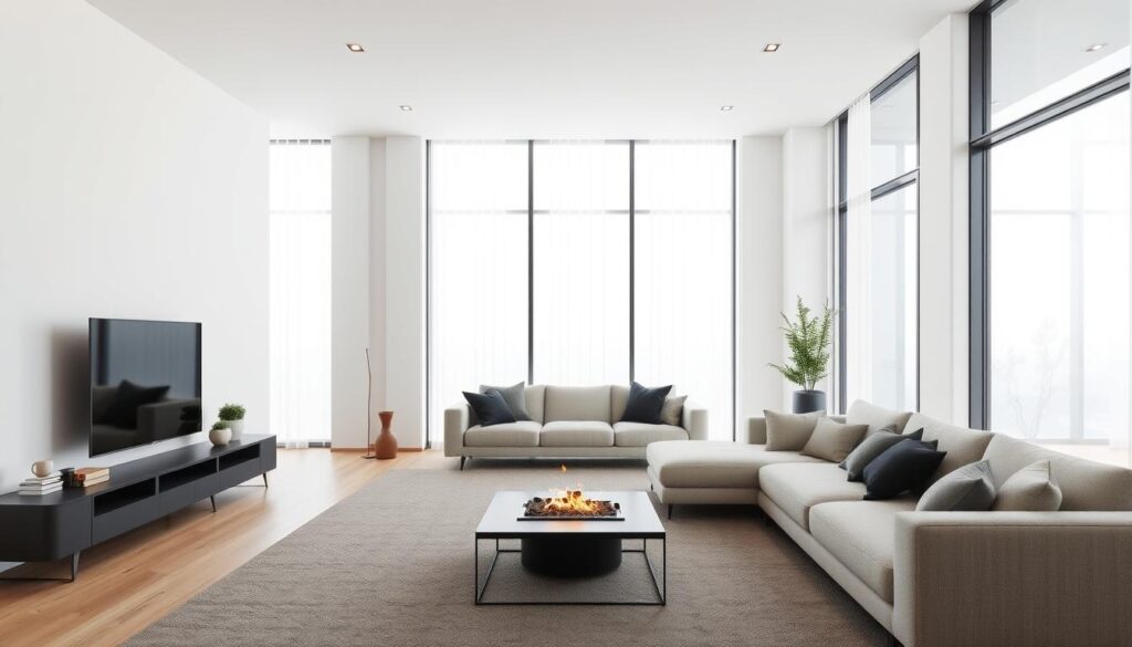 Modern living room with freestanding bioethanol fireplace and contemporary furniture Modern living room with freestanding bioethanol fireplace and contemporary furniture