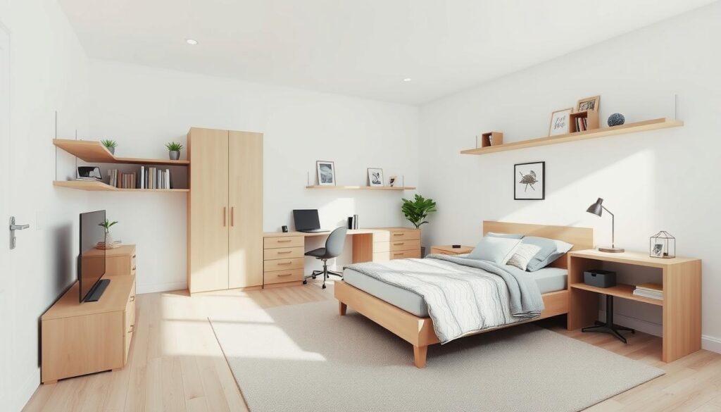 Modern minimalist teen bedroom with clean lines and neutral colors