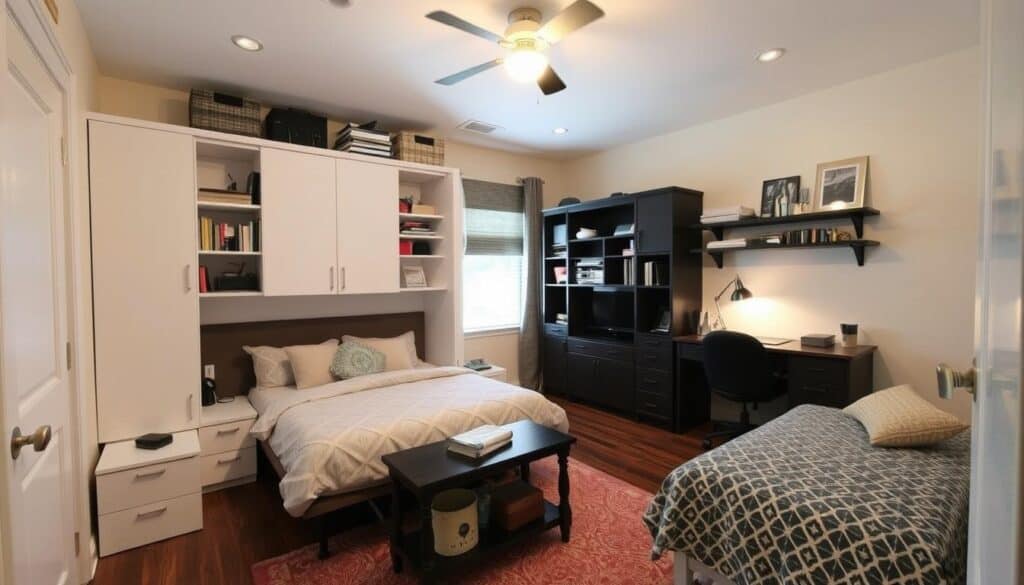 Multi-purpose hobby room design that functions as both craft space and guest room