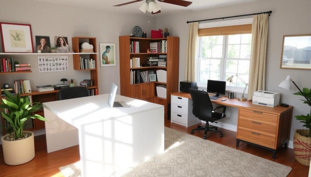 Multi-purpose hobby room design that functions as both office and craft space