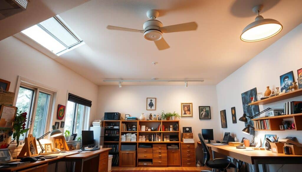 Multiple lighting sources in a hobby room design including natural light, task lighting, and ambient lighting