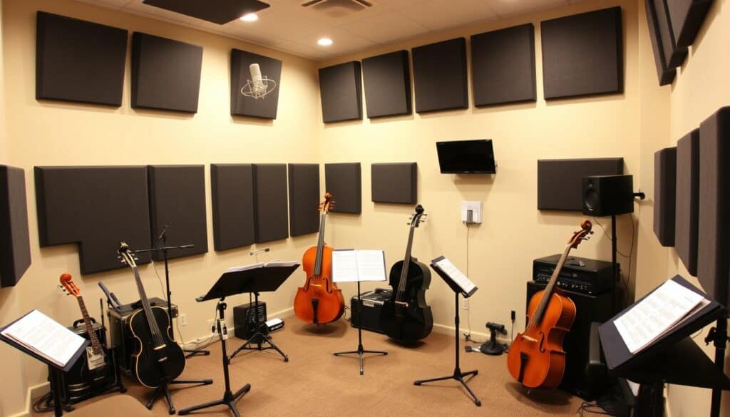 Music room hobby design with instrument storage, practice area, and sound treatment