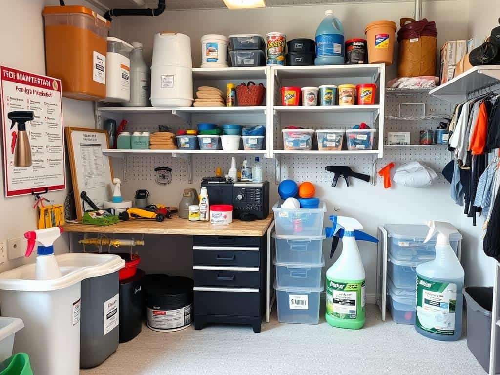 Organized hobby room design with cleaning supplies and maintenance checklist