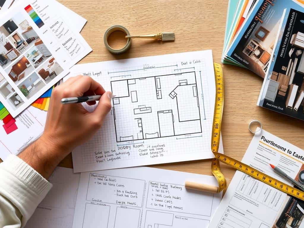 Person sketching a hobby room design layout on paper with measuring tape and color swatches