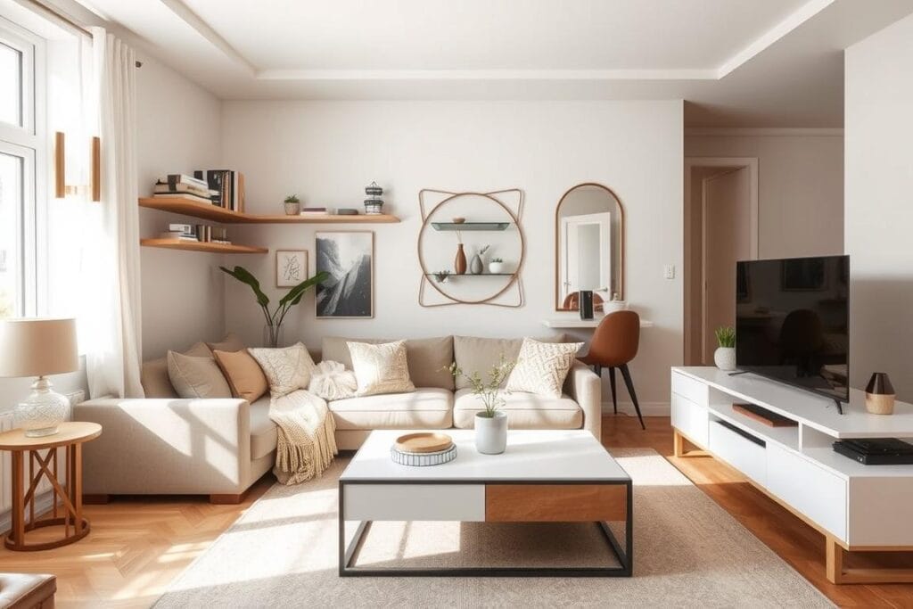 Small apartment living room with multi-functional furniture and vertical storage Small apartment living room with multi-functional furniture and vertical storage