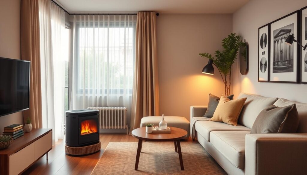Small apartment living room with portable electric fireplace and space-saving furniture Small apartment living room with portable electric fireplace and space-saving furniture