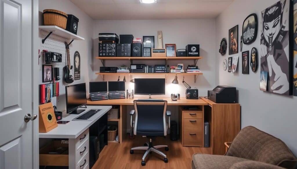 Small hobby room design with clever storage solutions and multi-functional furniture