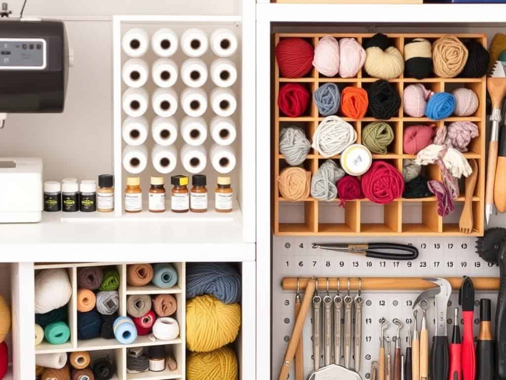 Specialized storage solutions for different hobby supplies in a hobby room design