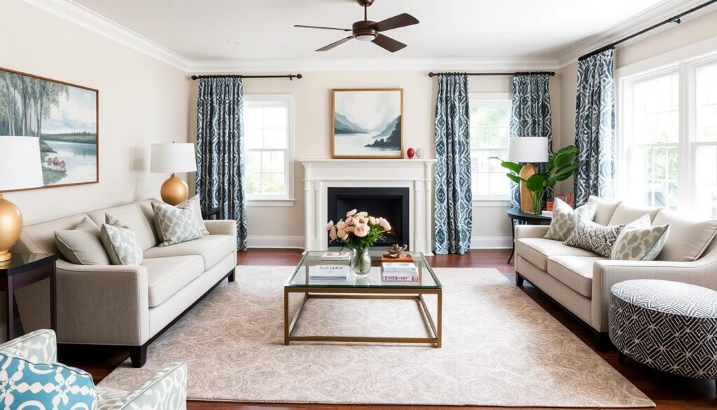 Beautifully designed room showcasing successful pattern mixing with varied scales, coordinated colors, and balanced distribution Beautifully designed room showcasing successful pattern mixing with varied scales, coordinated colors, and balanced distribution