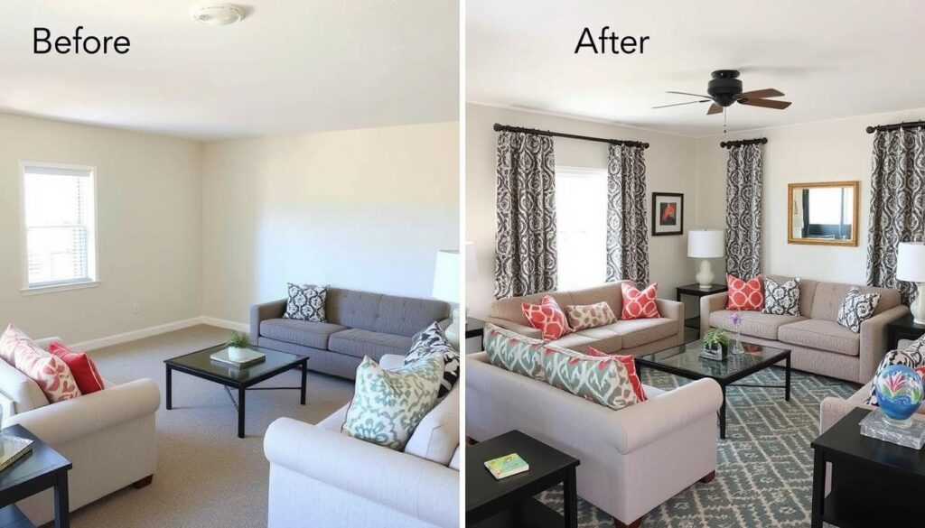 Before and after of a room transformation using pattern mixing techniques Before and after of a room transformation using pattern mixing techniques