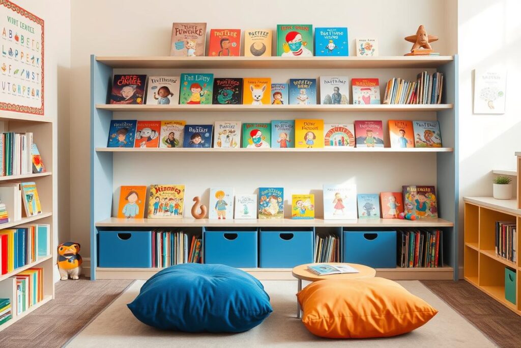 Children's reading area with front-facing bookshelf displaying covers