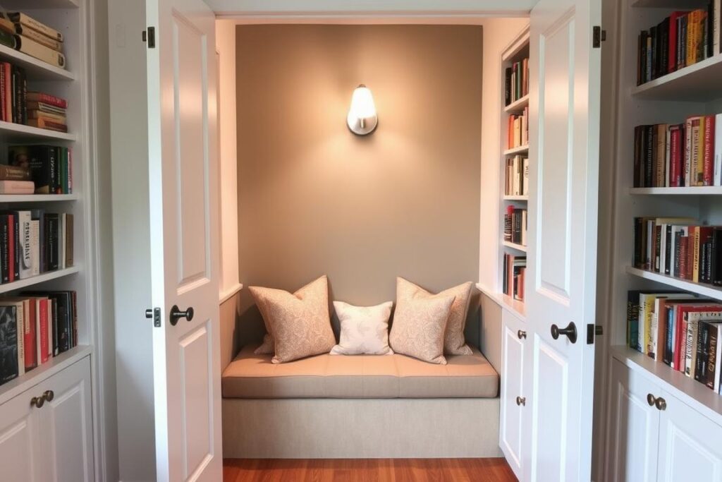 Converted closet reading nook with cushioned bench and built-in shelving