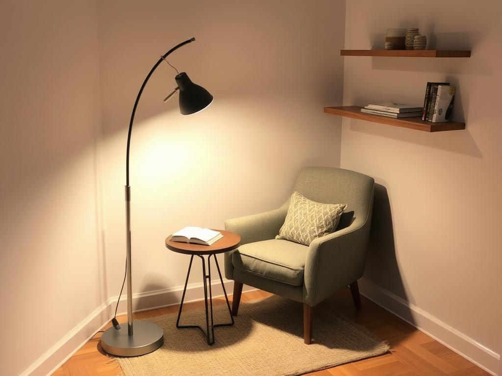 Corner reading nook with armchair, side table, and floor lamp