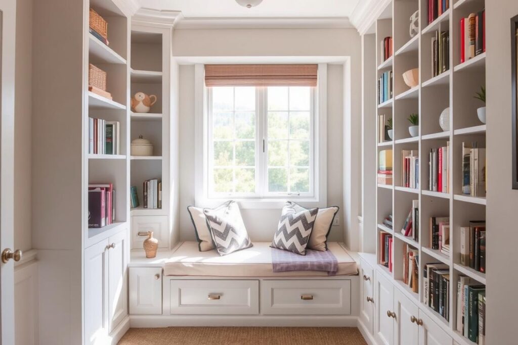 Corner reading nook with built-in shelving and window seat in a small room