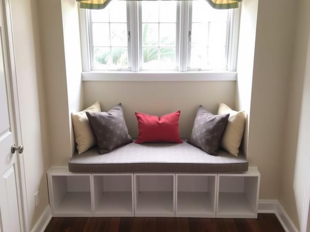 DIY window seat created with storage cubes and custom cushion
