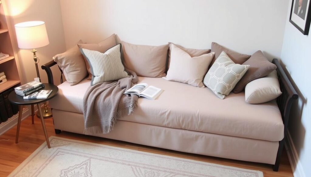 Daybed reading nook with pillows and throw blanket