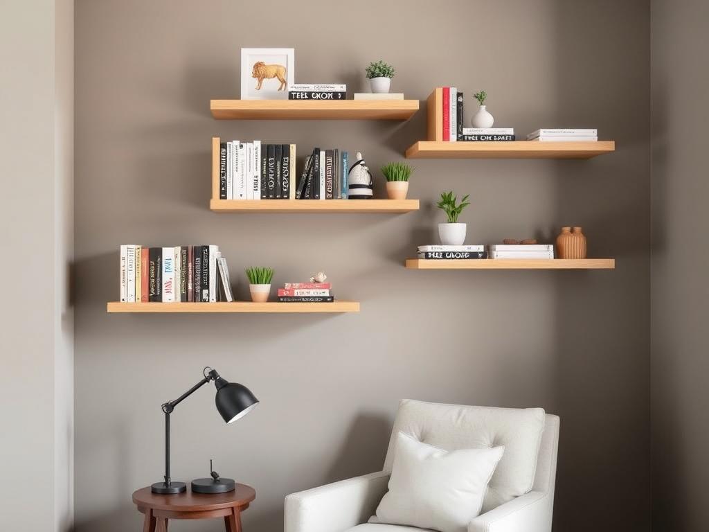 Floating shelves above reading chair displaying books and decor