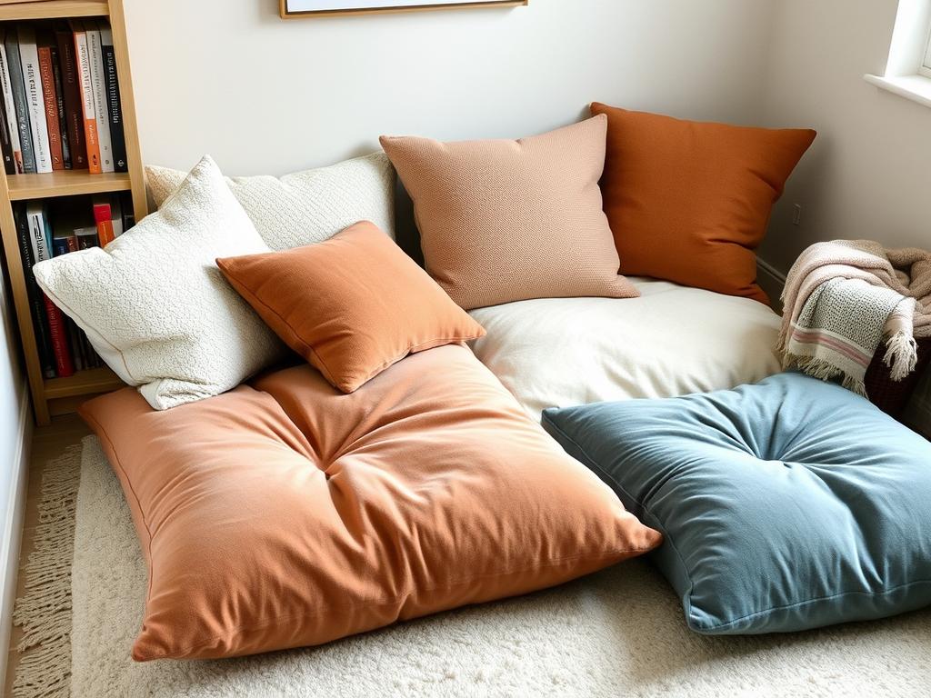 Floor cushion reading nook with pillows and low bookshelf