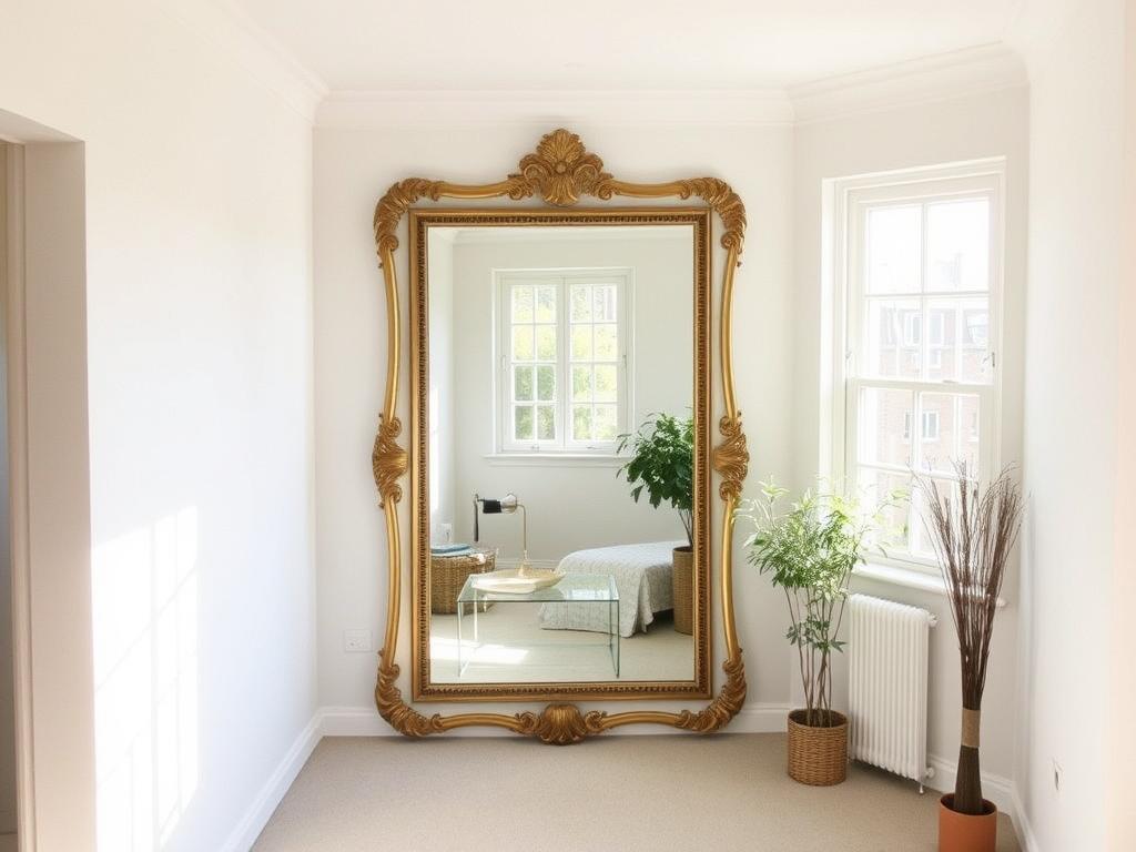 Large mirror reflecting light in a small room to make it look bigger