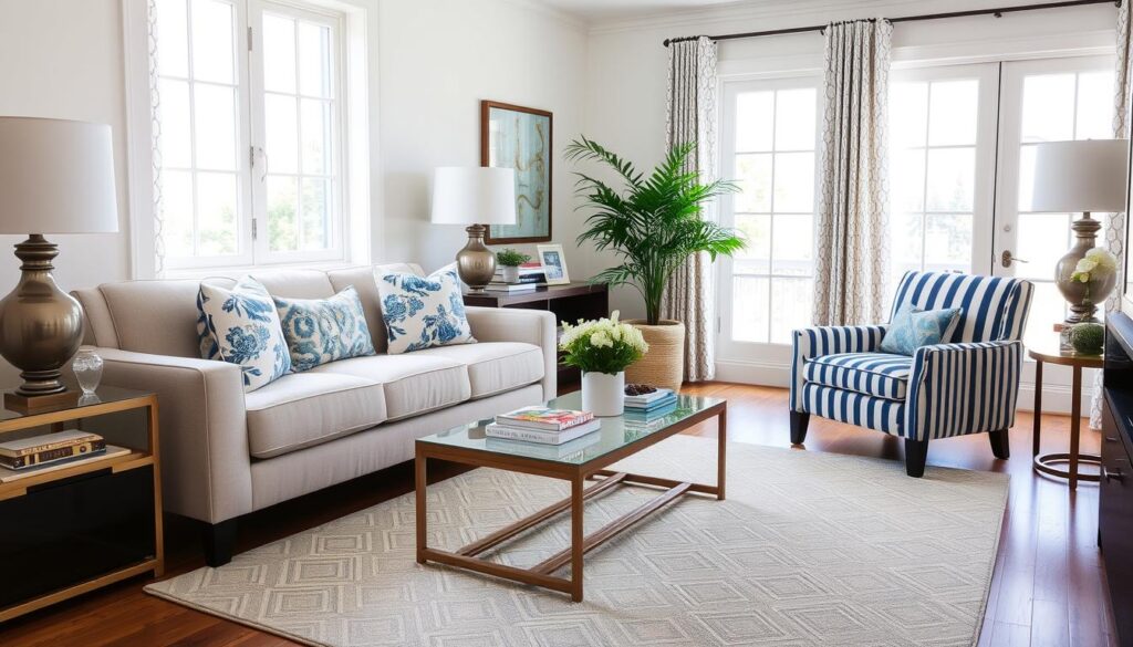Living room with expertly mixed patterns including floral pillows, striped chair, and geometric rug