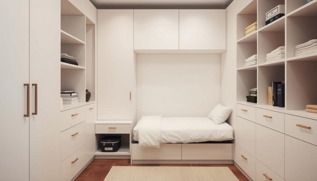 Minimalist small room with smart storage solutions that hide clutter Minimalist small room with smart storage solutions that hide clutter