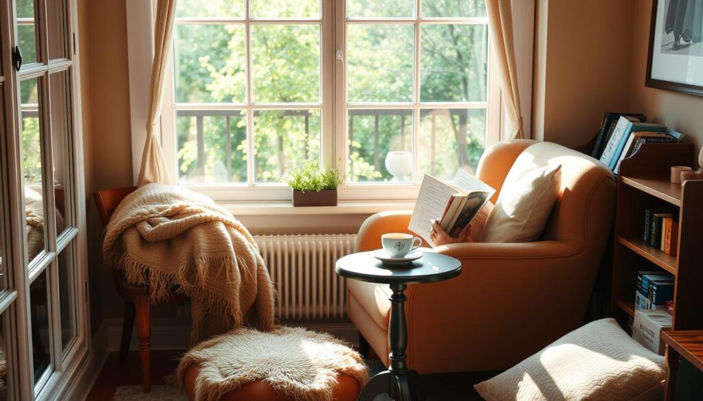 Person enjoying a cozy reading nook by a window with a book and cup of tea