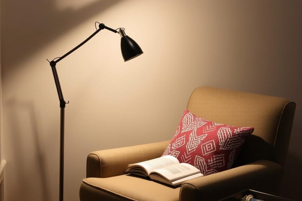 Reading chair with adjustable floor lamp providing direct light