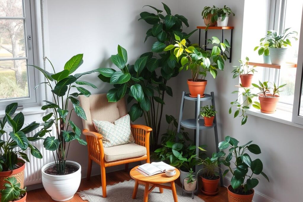 Reading corner with houseplants adding life and color